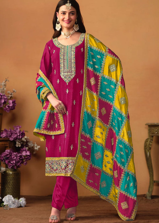 Pink Multi Embroidered Palazzo Suit