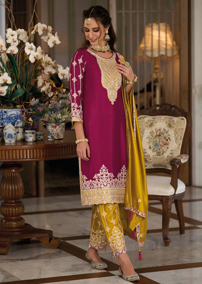 Magenta and Yellow Embroidered Pant Style Suit