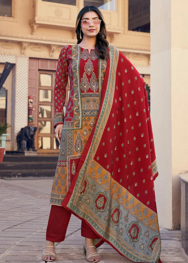 Red Printed and Embroidered Pant Suit