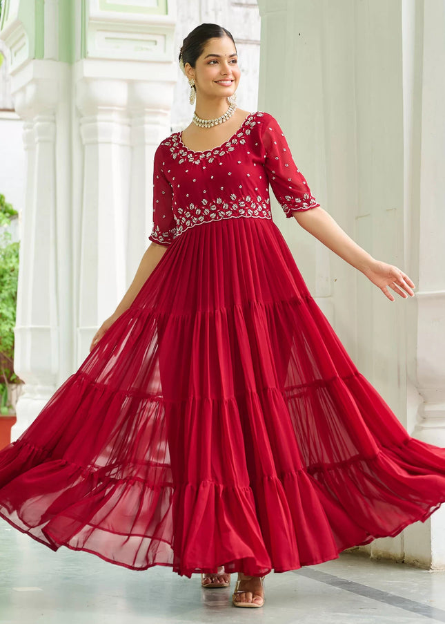 Red Embroidered Anarkali Gown