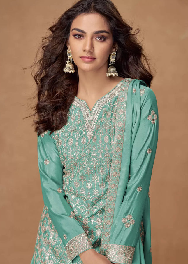Turquoise Embroidered Sharara Suit