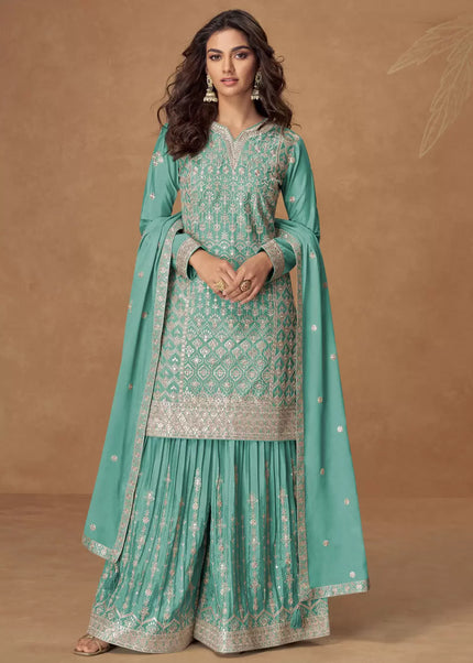 Turquoise Embroidered Sharara Suit