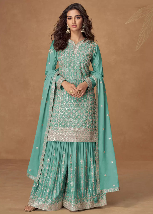 Turquoise Embroidered Sharara Suit