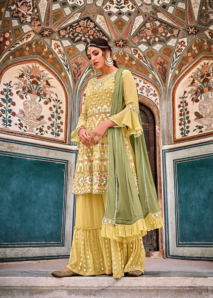 Yellow and Green Embroidered Gharara Suit