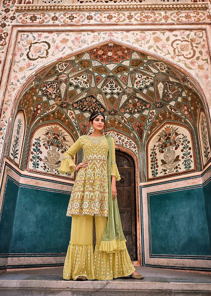 Yellow and Green Embroidered Gharara Suit