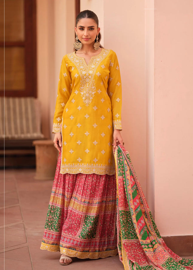 Yellow and Pink Embroidered Sharara Suit