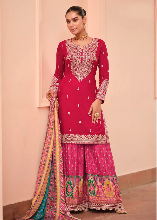Red and Pink Embroidered Sharara Suit