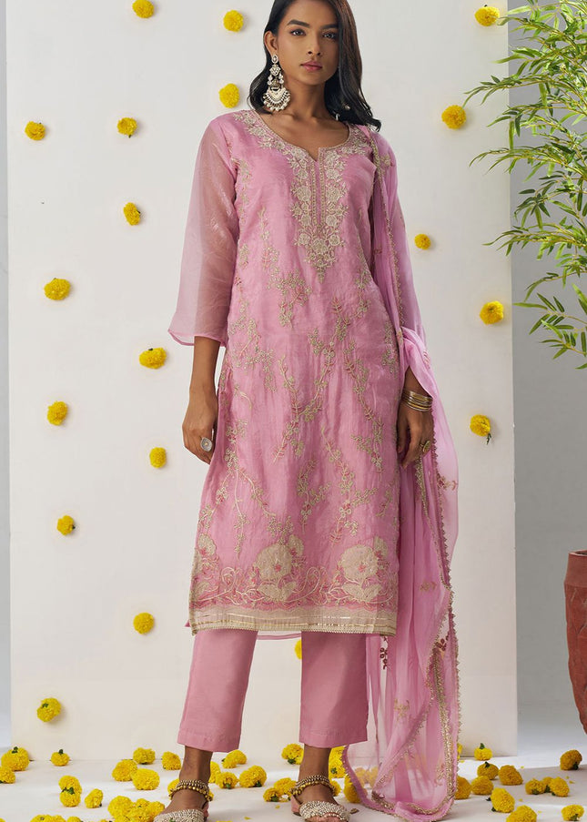 Pink Embroidered Pant Suit