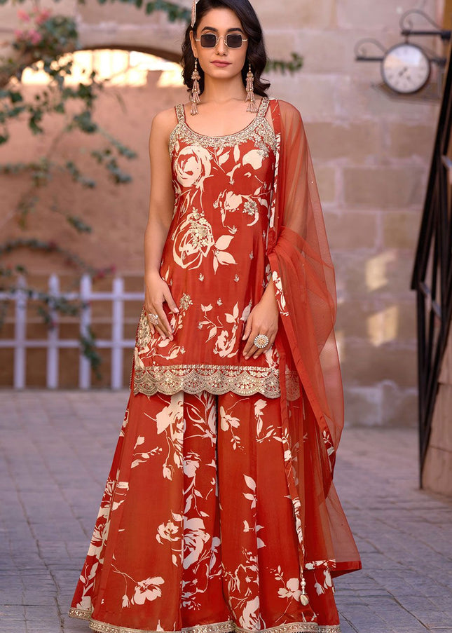 Rust Embroidered Sharara Suit