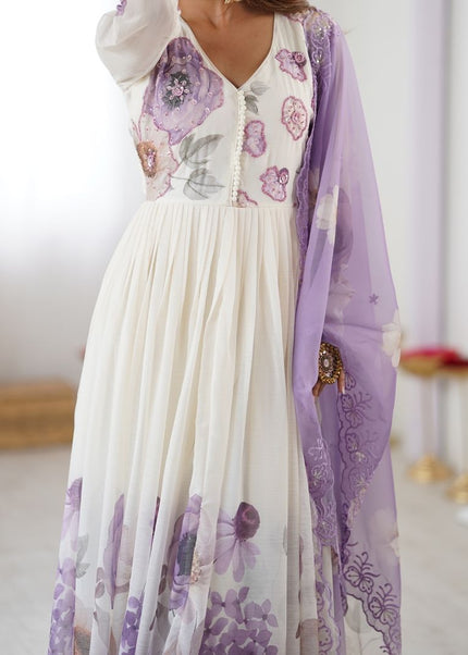 Offwhite Floral Printed and Embroidered Anarkali Gown