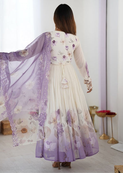 Offwhite Floral Printed and Embroidered Anarkali Gown