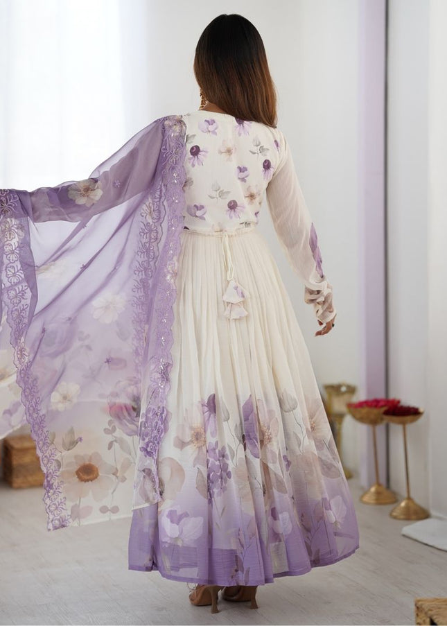 Offwhite Floral Printed and Embroidered Anarkali Gown