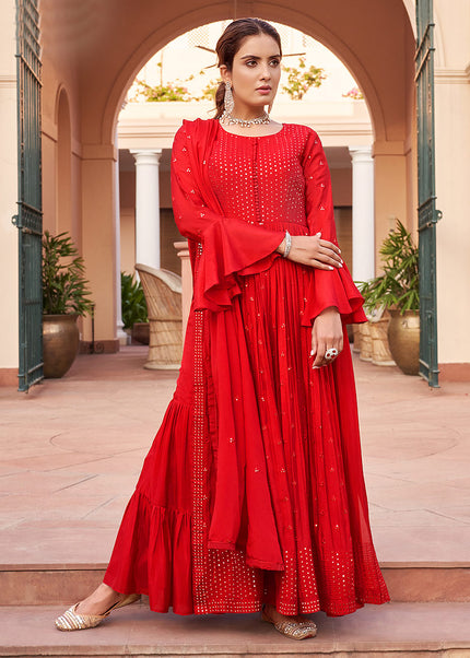 Red Embroidered Palazzo Suit