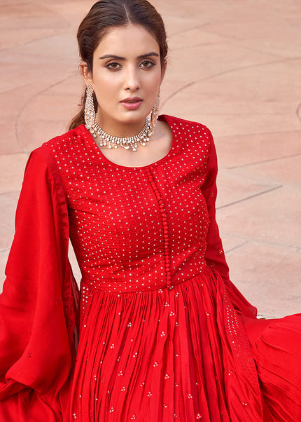 Red Embroidered Palazzo Suit