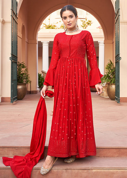 Red Embroidered Palazzo Suit