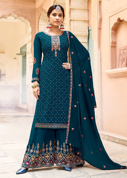 Blue and Gold Embroidered Palazzo Suit