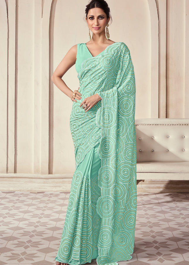 Turquoise Blue Georgette Embroidered Saree