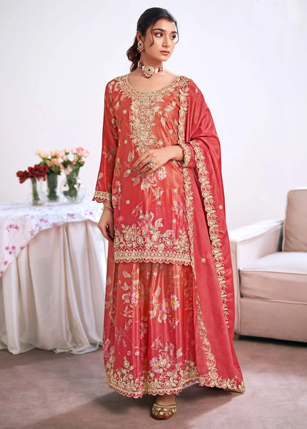 Peach Printed and Embroidered Sharara Suit