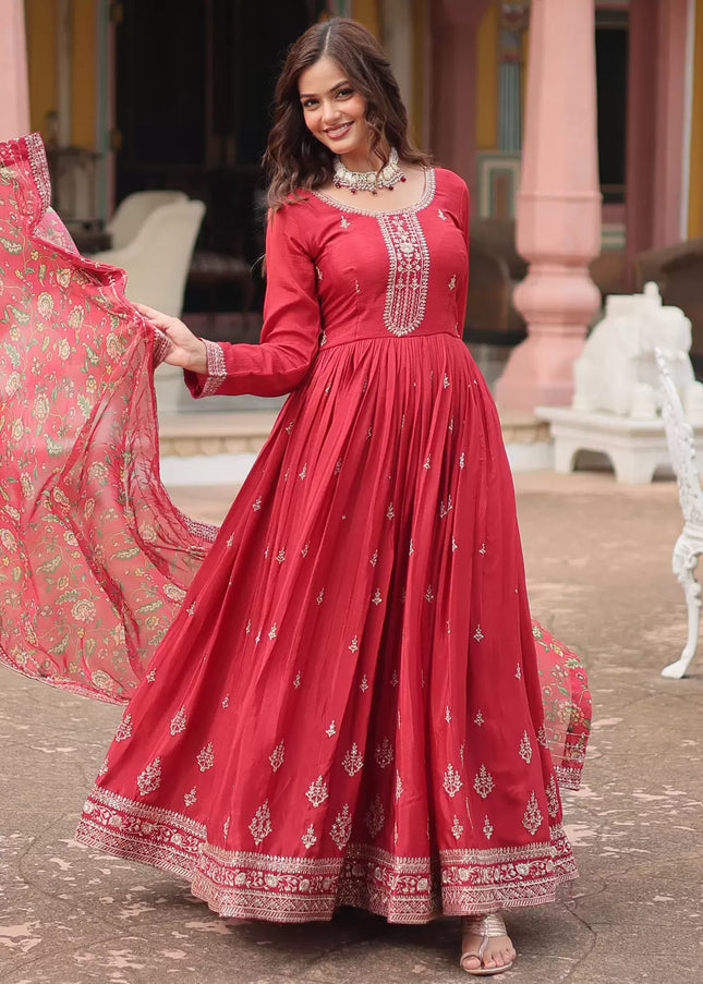 Red Embroidered Anarkali Gown