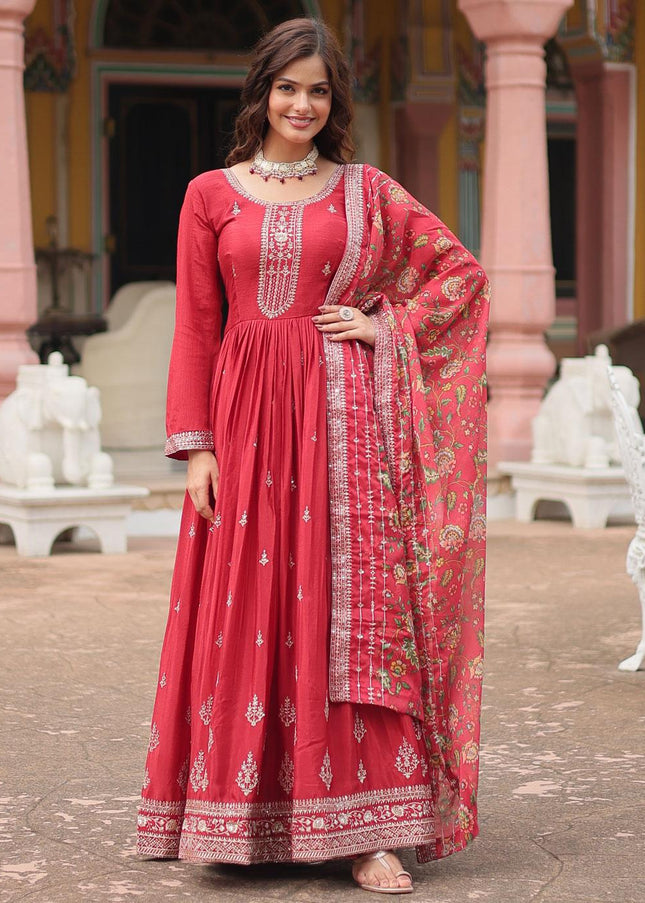 Red Embroidered Anarkali Gown