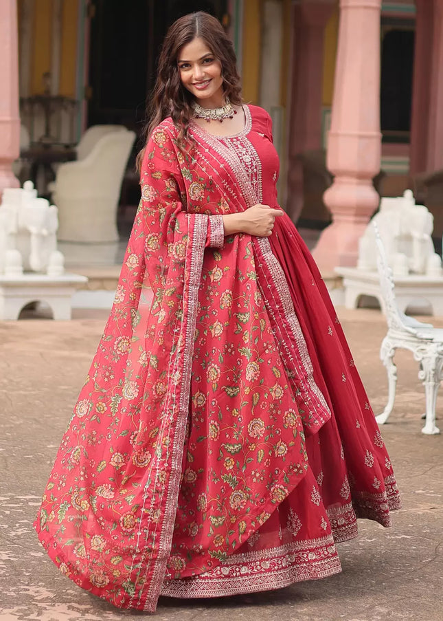 Red Embroidered Anarkali Gown