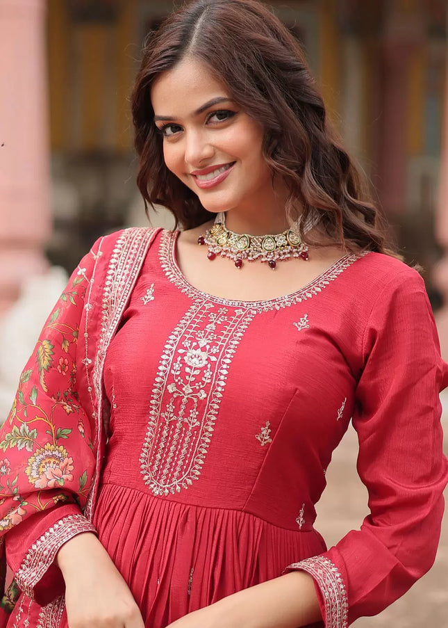 Red Embroidered Anarkali Gown