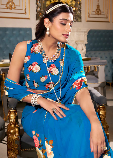 Blue Floral Printed Saree