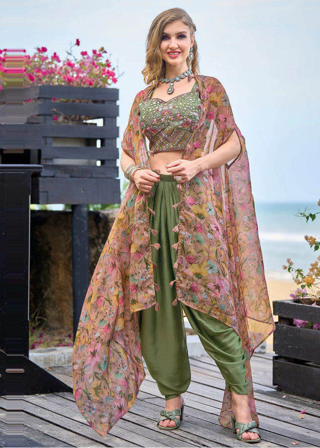 Green Multicolor Embroidered Dhoti Style Suit