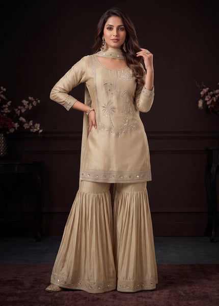 Beige Embroidered Gharara Suit