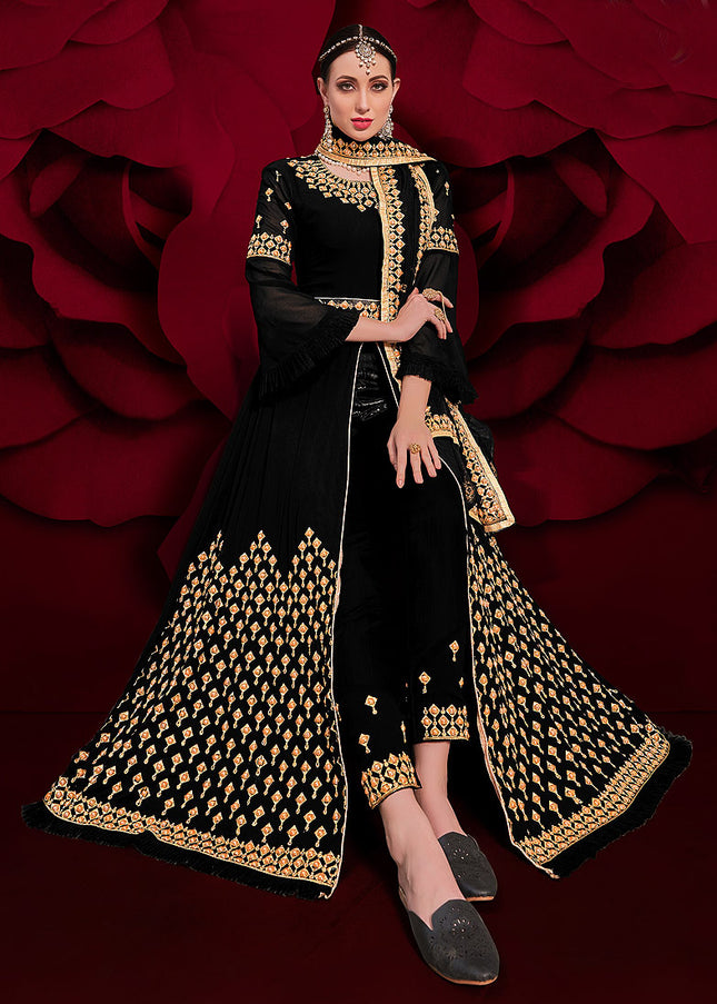 Black and Gold Embroidered Pant Style Anarkali