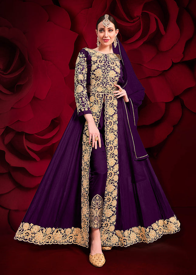 Purple and Gold Embroidered Pant Style Anarkali