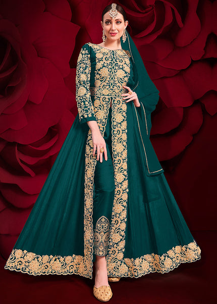 Teal  and Gold Embroidered Pant Style Anarkali