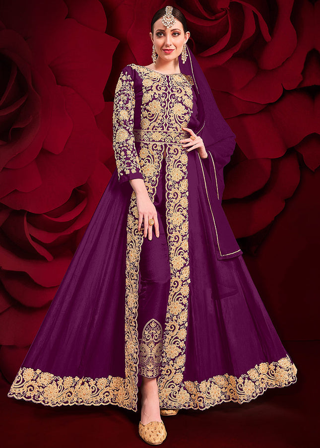 Magenta and Gold Embroidered Pant Style Anarkali
