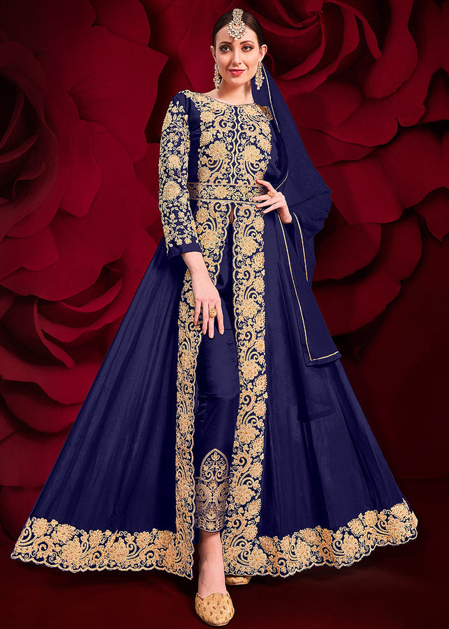 Blue and Gold Embroidered Pant Style Anarkali