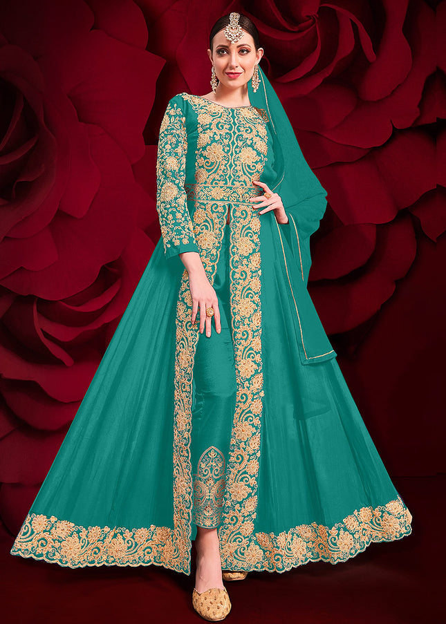 Sea Green  and Gold Embroidered Pant Style Anarkali