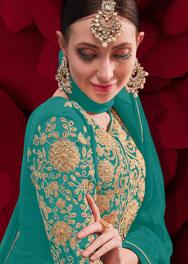 Sea Green  and Gold Embroidered Pant Style Anarkali