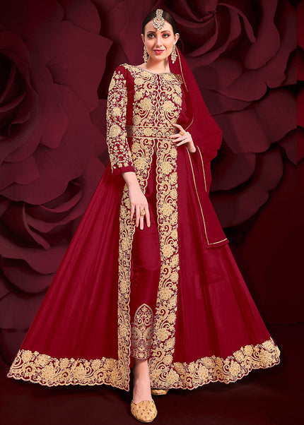 Red and Gold Embroidered Pant Style Anarkali
