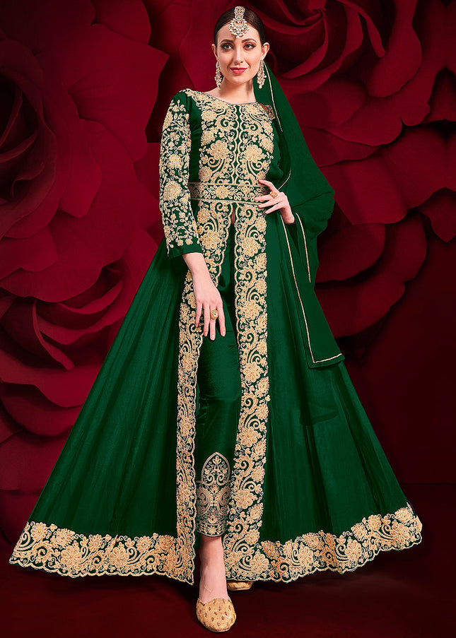 Green and Gold Embroidered Pant Style Anarkali