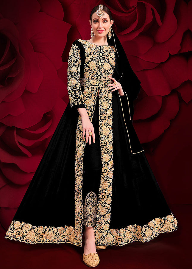 Black and Gold Embroidered Pant Style Anarkali