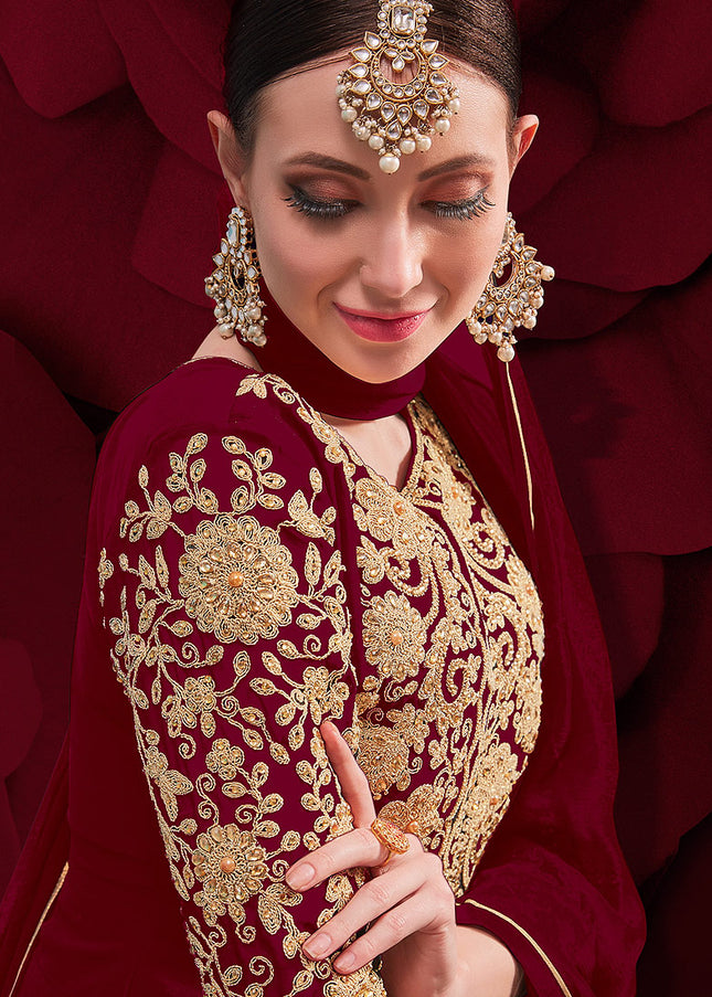 Maroon and Gold Embroidered Pant Style Anarkali