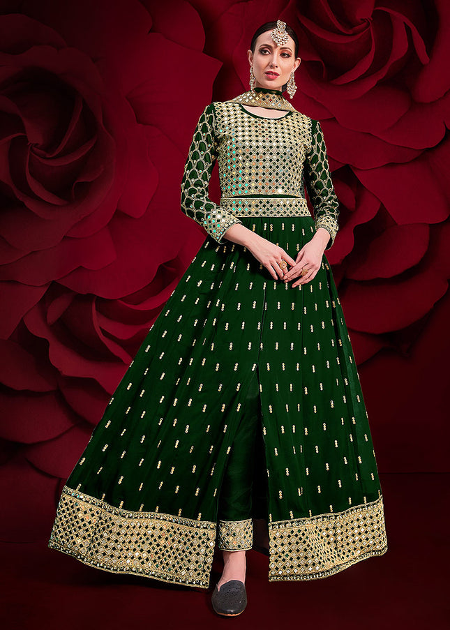 Green and Gold Embroidered Pant Style Anarkali