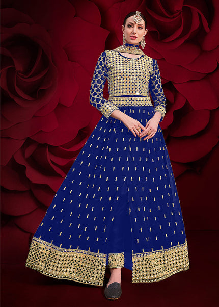 Blue and Gold Embroidered Pant Style Anarkali