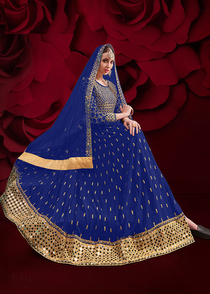 Blue and Gold Embroidered Pant Style Anarkali