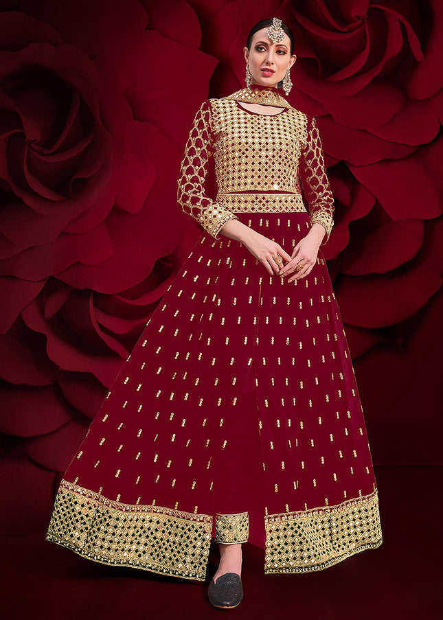 Red and Gold Embroidered Pant Style Anarkali