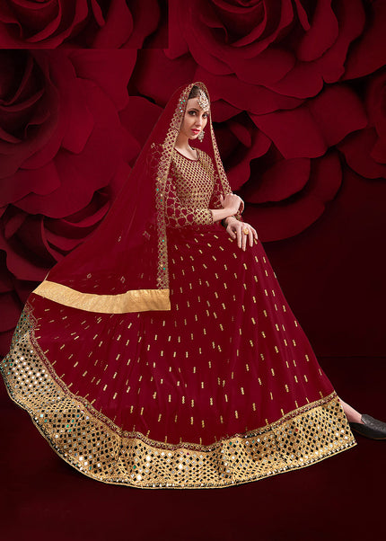 Red and Gold Embroidered Pant Style Anarkali