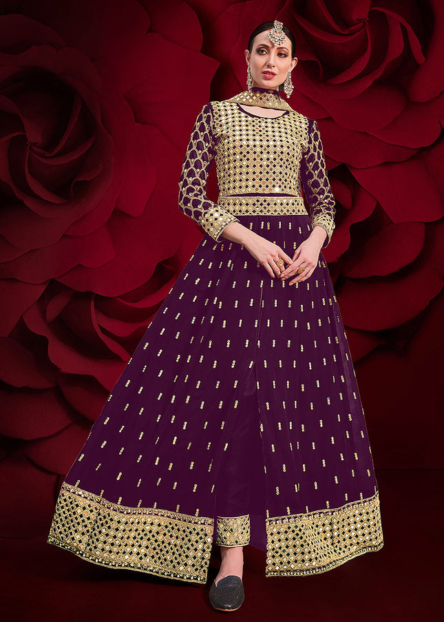 Purple and Gold Embroidered Pant Style Anarkali