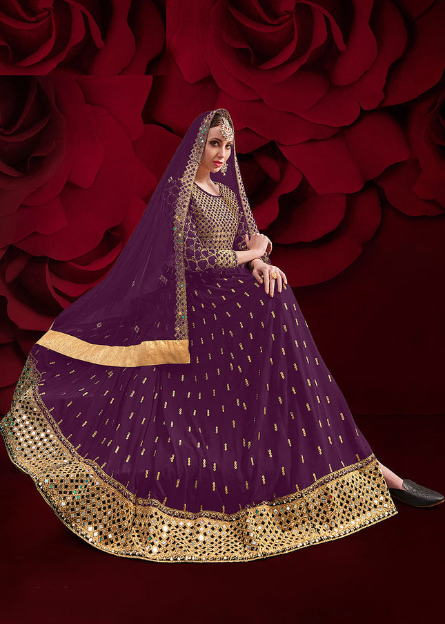 Purple and Gold Embroidered Pant Style Anarkali