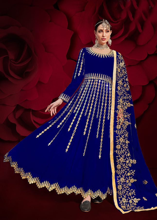 Blue and Gold Embroidered  Anarkali