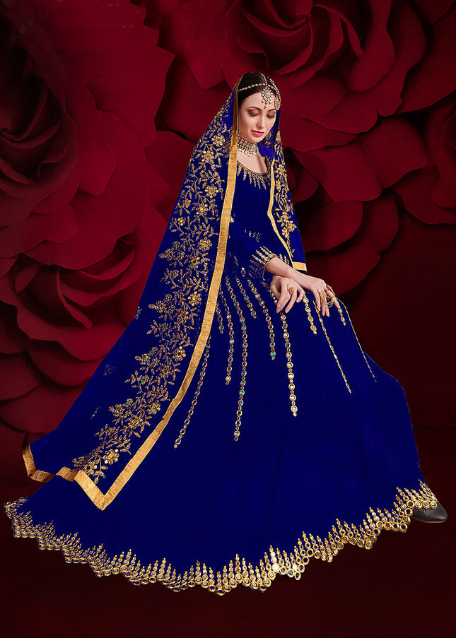 Blue and Gold Embroidered  Anarkali
