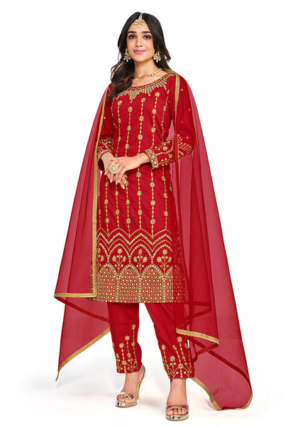 Red and Gold Embroidered Pant Style Suit